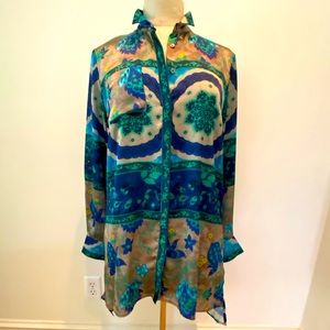 Zamate Womens Long Blouse/Duster/Shirt Dress Beautiful Print in Taupe/Blue/Teal